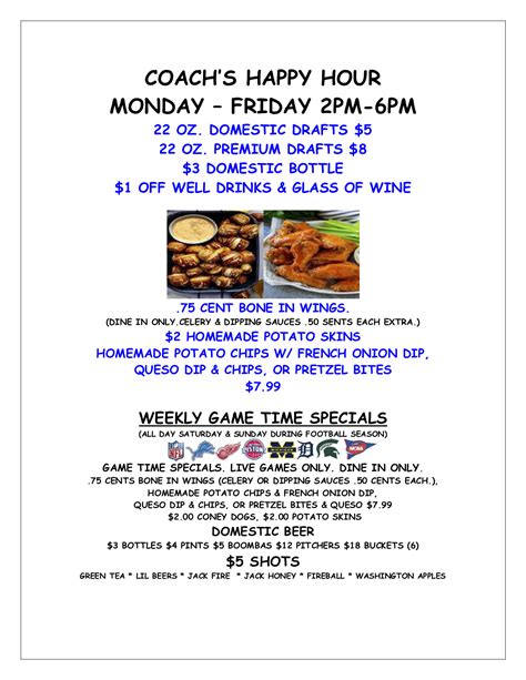 coaches corner happy hour menu.